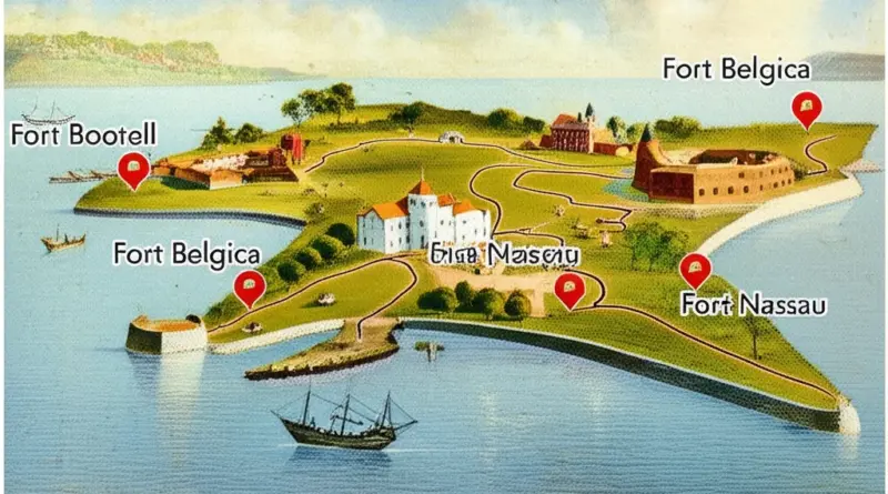 Exploring the Dutch forts — detailed walking routes, key structures (Fort Belgica, Fort Nassau), maps, and historical anecdotes