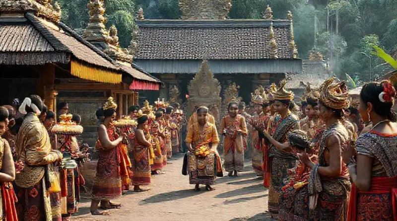How do Balinese village ceremonies (odalan, tooth-filing, and purification rites) work step-by-step and who participates?
