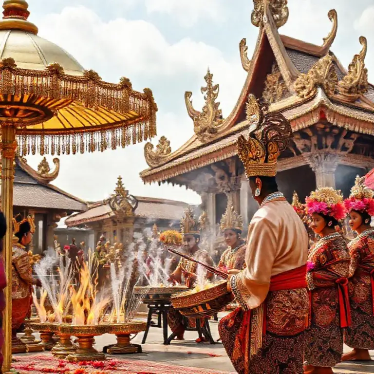 Which symbols, offerings, music, and attire are used in Balinese rituals and what do they represent?