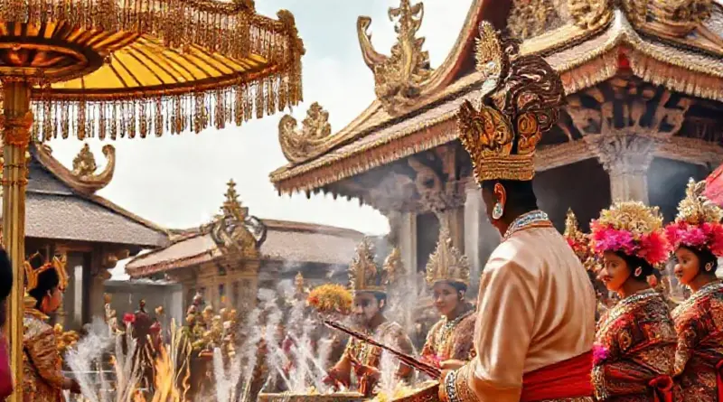 Which symbols, offerings, music, and attire are used in Balinese rituals and what do they represent?