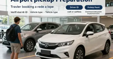 Preparing for a safe and smooth airport pickup: booking ahead, choosing vehicle types, verifying driver details, cash vs cashless payments, and communicating pickup points in English/Indonesian