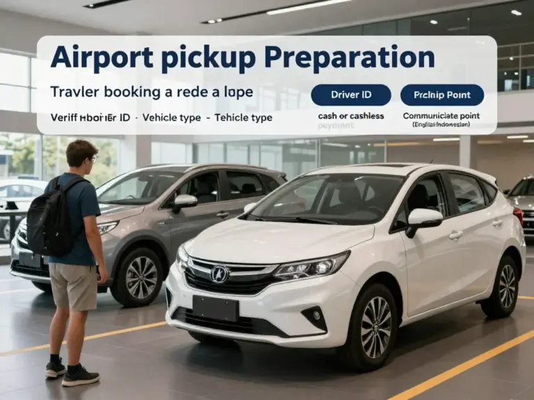 Preparing for a safe and smooth airport pickup: booking ahead, choosing vehicle types, verifying driver details, cash vs cashless payments, and communicating pickup points in English/Indonesian
