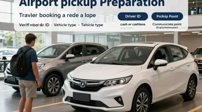Preparing for a safe and smooth airport pickup: booking ahead, choosing vehicle types, verifying driver details, cash vs cashless payments, and communicating pickup points in English/Indonesian