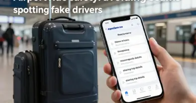 Safety tips and common scams to avoid during airport rides: identifying fake drivers, handling luggage, sharing trip details, and using in-app emergency features