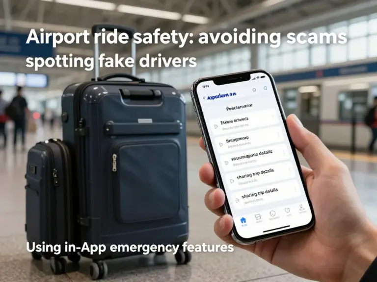 Safety tips and common scams to avoid during airport rides: identifying fake drivers, handling luggage, sharing trip details, and using in-app emergency features