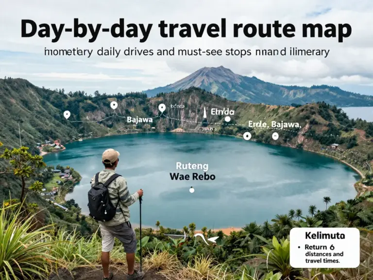 Day-by-day route plan: detailed daily schedule from Ende to Bajawa, Ruteng, Wae Rebo, Kelimutu, and back (distances, travel times, must-see stops)