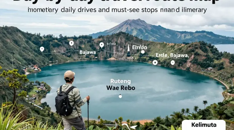 Day-by-day route plan: detailed daily schedule from Ende to Bajawa, Ruteng, Wae Rebo, Kelimutu, and back (distances, travel times, must-see stops)