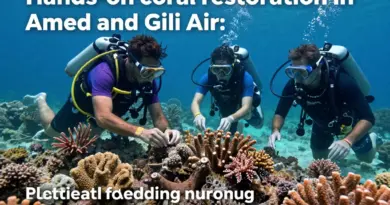 Hands-on coral restoration methods used in Amed and Gili Air: coral gardening, fragment transplantation, and monitoring protocols