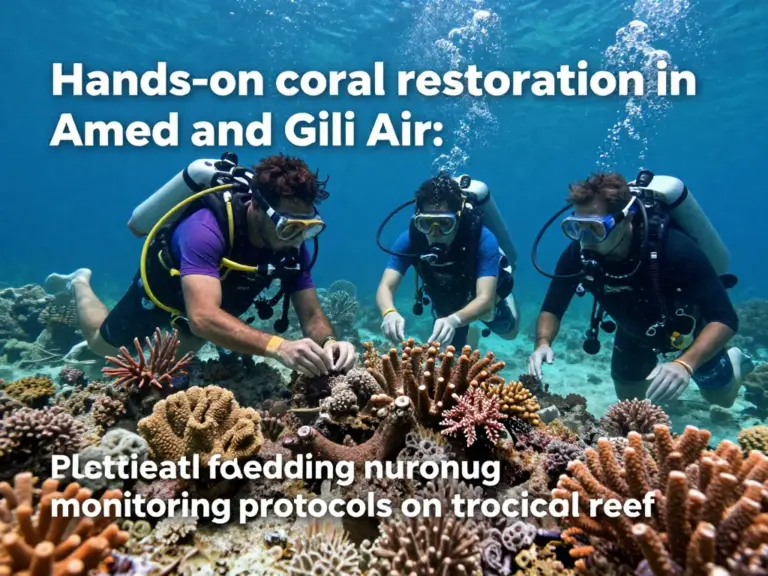 Hands-on coral restoration methods used in Amed and Gili Air: coral gardening, fragment transplantation, and monitoring protocols