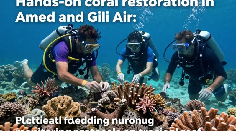 Hands-on coral restoration methods used in Amed and Gili Air: coral gardening, fragment transplantation, and monitoring protocols