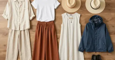 Key clothing items for a tropical Indonesian packing list: breathable fabrics, sun protection, modest wardrobe staples, and rain gear