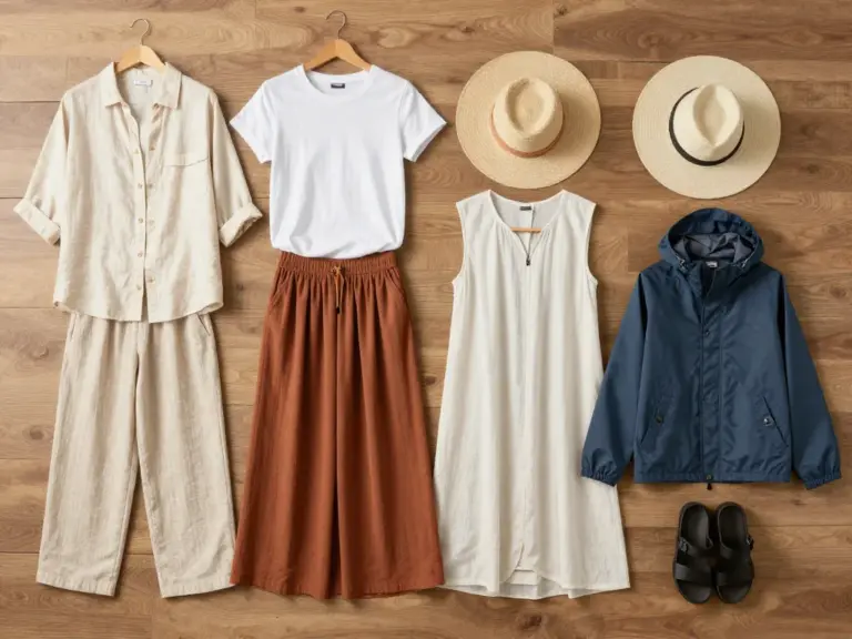 Key clothing items for a tropical Indonesian packing list: breathable fabrics, sun protection, modest wardrobe staples, and rain gear