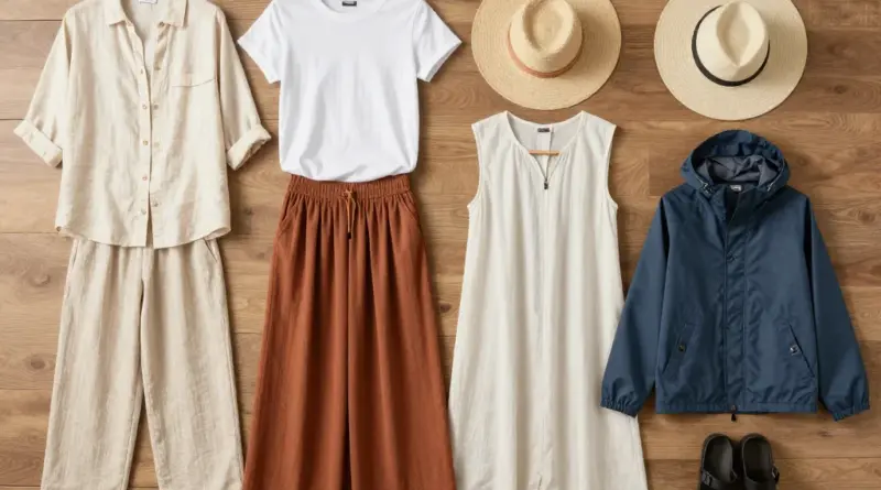 Key clothing items for a tropical Indonesian packing list: breathable fabrics, sun protection, modest wardrobe staples, and rain gear