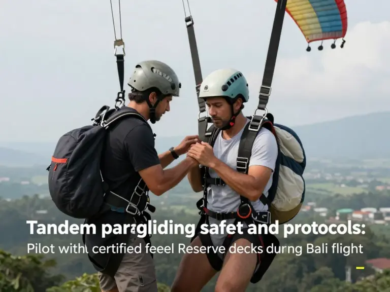 Safety protocols and equipment used in Timbis Bali tandem flights — harnesses, reserves, helmets, and pilot qualifications