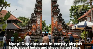 What closes and how services are affected on Nyepi — airports, transport, hotels, shops, tours, and emergency provisions