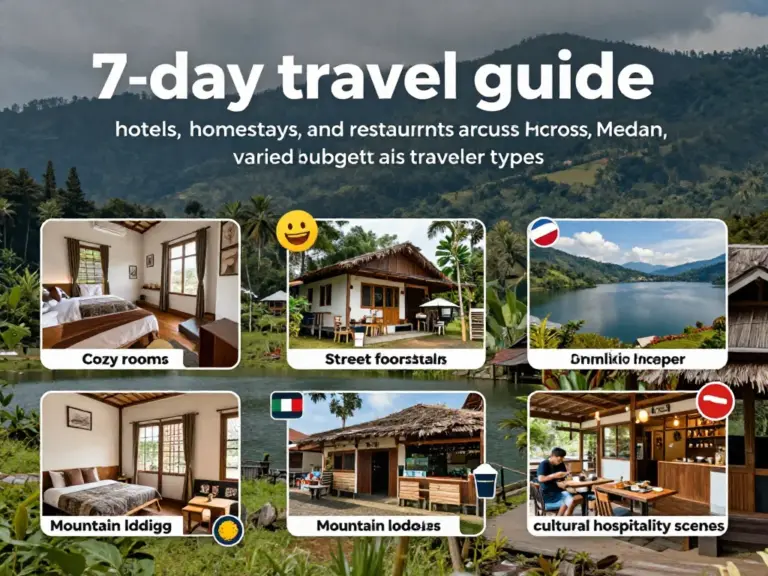 Accommodation & dining guide for a 7-day loop: recommended hotels, homestays, and restaurants in Medan, Berastagi, Parapat, and Samosir for different budgets and traveler types