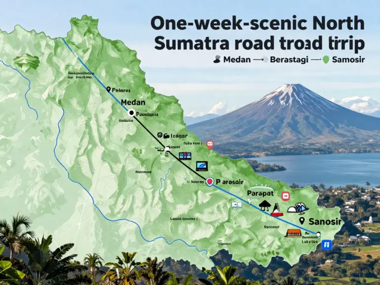 Day-by-day route and highlights: how to travel the North Sumatra loop in one week (transport options, time estimates, must-see stops between Medan, Berastagi, Parapat, and Samosir)