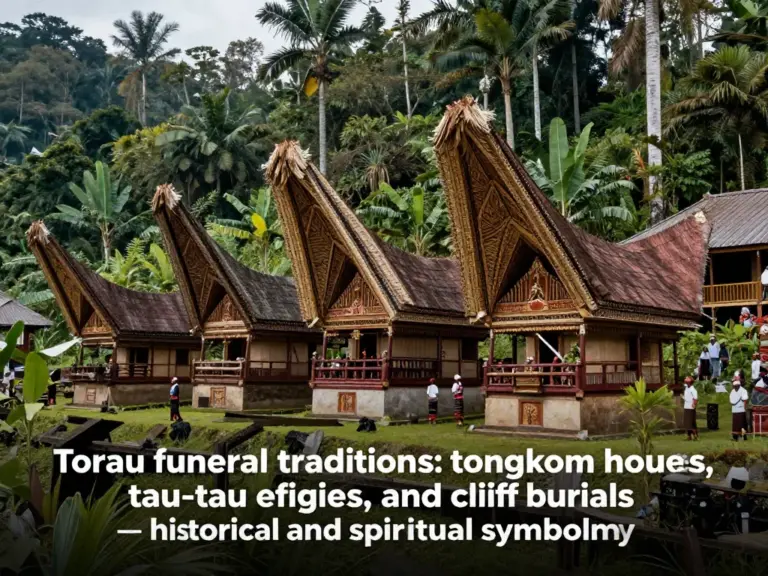 Overview of Toraja Funeral Traditions and Their Cultural Significance — what tongkonan houses, tau-tau effigies, and burial cliff practices mean historically and spiritually